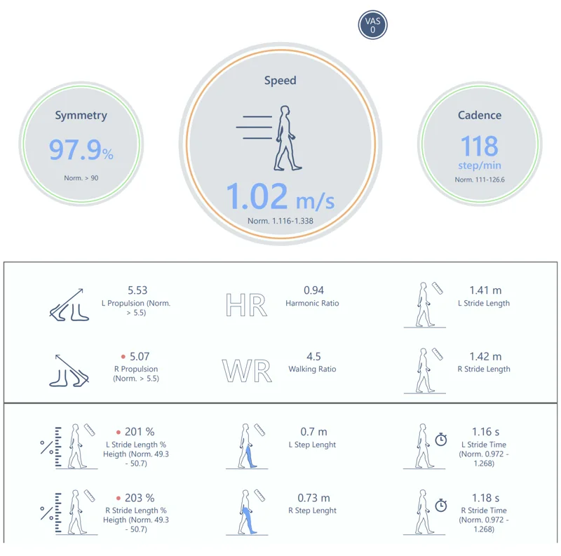 Gait parameters: symmetry 97.9%, speed 1.02 m/s, cadence 118 steps/min, propulsion, stride length and time left and right